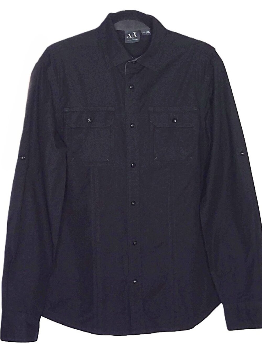 A|X Armani Exchange Men's Jet Black Shirt Button Down Long Sleeve Roll Tab Sz S
